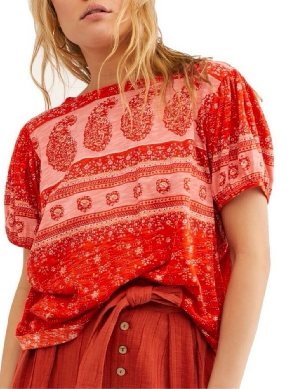 Free People Red Paisley Short-Sleeve Tee